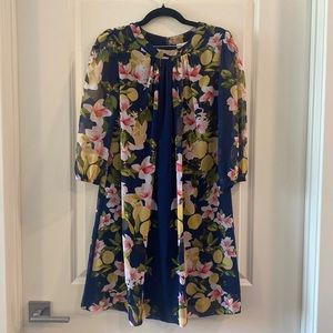 Floral Eva Mendes Summer Navy Blue Yellow Lemon Shift Dress